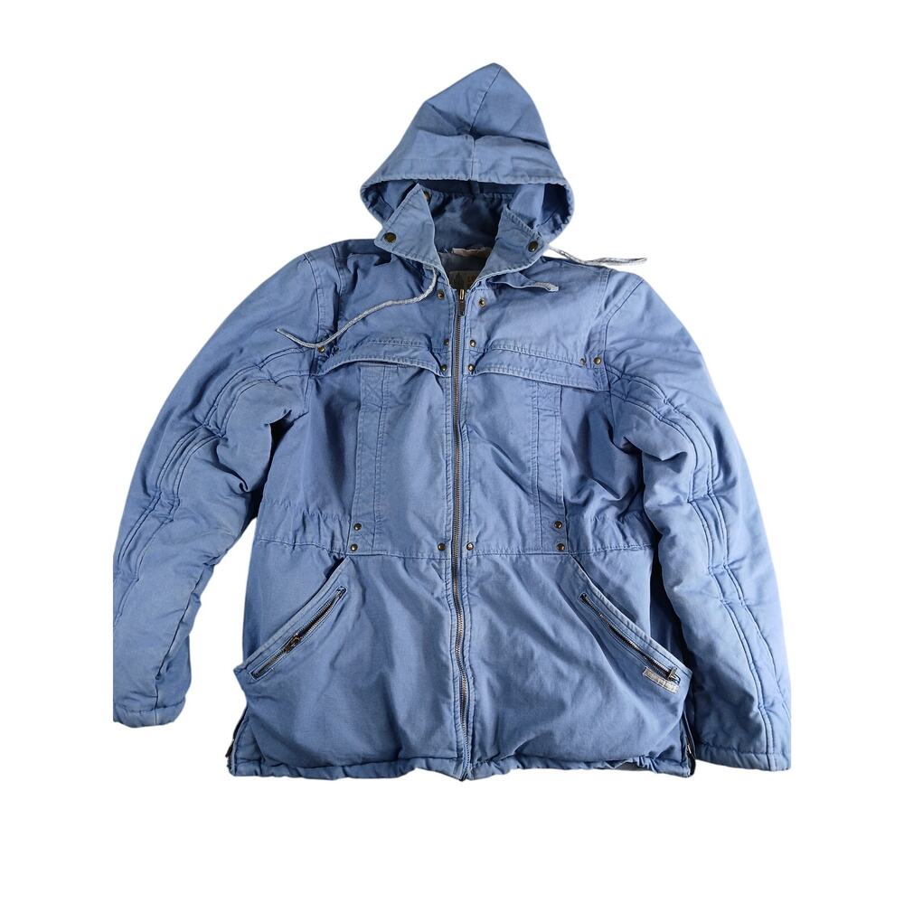 London Fog Puffer Jacket Womens Medium 18 Blue Warm Zip Windbreaker Hood Cotton